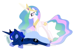 Size: 900x630 | Tagged: safe, artist:dm29, princess celestia, princess luna, do princesses dream of magic sheep, g4, blanket, duo, eyes closed, levitation, magic, pillow, prone, simple background, sleeping, smiling, telekinesis, transparent background