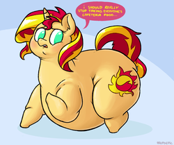 Size: 1138x953 | Tagged: safe, artist:paupoepic, sunset shimmer, pony, unicorn, g4, fat, female, obese, simple background, slobset shimmer, solo, weight gain