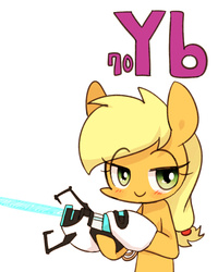 Size: 800x1000 | Tagged: safe, artist:joycall6, applejack, series:joycall6's periodic table, g4, :>, bedroom eyes, blushing, crossover, laser, missing accessory, periodic table, portal (valve), portal gun, ytterbium