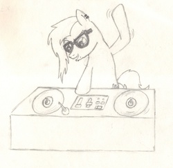 Size: 2270x2210 | Tagged: safe, artist:chronicle23, pony, djing, dubstep, grin, high res, lip piercing, male, monochrome, piercing, ponified, raised hoof, skrillex, smiling, solo, stallion, traditional art, turntable