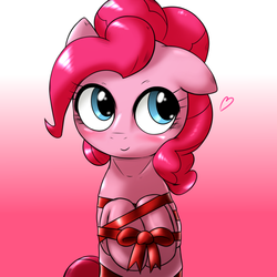 Size: 1000x1000 | Tagged: dead source, safe, artist:ushiro no kukan, pinkie pie, earth pony, pony, g4, blushing, bow, cute, diapinkes, female, gift wrapped, gradient background, heart, looking back, mare, one ear down, ribbon, solo