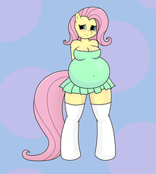Size: 1085x1213 | Tagged: safe, artist:funble, fluttershy, anthro, unguligrade anthro, g4, belly, big belly, clothes, dress, female, looking at you, preggoshy, pregnant, pregnant expansion, solo