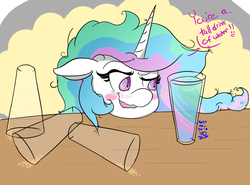 Size: 1280x945 | Tagged: safe, artist:askcelestiasmane, princess celestia, g4, alcohol, blushing, drunk, drunklestia, female, floppy ears, glass, messy mane, solo