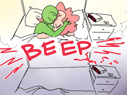 Size: 1000x750 | Tagged: safe, artist:nobody, edit, pinkie pie, oc, oc:anon, human, series:anon's alarm clock, g4, alarm clock, bed, disappear, dream, female, good end, male, plot twist, reality ensues, snuggling, straight, what a twist