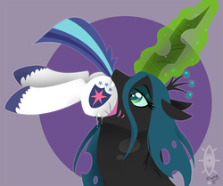 Size: 960x802 | Tagged: safe, artist:hellonurse, queen chrysalis, shining armor, changeling, changeling queen, pony, g4, butt, chrysalispred, drool, female, fetish, head first, plot, throat bulge, vore