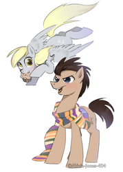 Size: 584x816 | Tagged: dead source, safe, artist:akivia-jones-404, derpy hooves, doctor whooves, time turner, earth pony, pony, g4, slice of life (episode), clothes, male, muffin, scarf, stallion