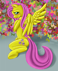 Size: 577x700 | Tagged: safe, artist:carriepika, fluttershy, butterfly, g4, female, solo, underhoof