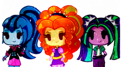 Size: 503x277 | Tagged: safe, artist:darkberryart, edit, adagio dazzle, aria blaze, sonata dusk, equestria girls, g4, adoragio, ariabetes, chibi, cute, dazzlebetes, female, galaxy, solo, sonatabetes, the dazzlings