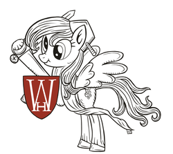 Size: 1280x1140 | Tagged: safe, derpy hooves, pegasus, pony, comic:warhorse, g4, female, fun, logo, mare, parody, scrunchy face, shield, solo, weapon