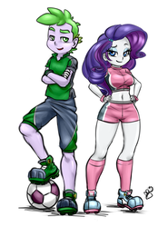 Size: 1024x1384 | Tagged: safe, artist:pia-sama, rarity, spike, equestria girls, g4, belly button, clothes, cosplay, female, football, human spike, male, mario strikers, midriff, ship:sparity, shipping, simple background, sports, straight, super mario bros., super mario strikers, white background