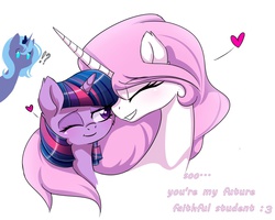Size: 1600x1278 | Tagged: dead source, safe, artist:magnaluna, princess celestia, princess luna, twilight sparkle, pony, unicorn, g4, dialogue, exclamation point, eyes closed, female, filly, happy, heart, lesbian, nuzzling, one eye closed, pink-mane celestia, question mark, ship:twilestia, shipping, simple background, smiling, text, white background, wink, younger