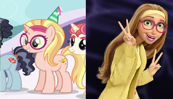 Size: 764x436 | Tagged: safe, screencap, booksmart, honey lemon, morning roast, human, pony, unicorn, amending fences, g4, big hero 6, comparison, glasses, hat, honey lemon (big hero 6), looking at you, namesake, op is a slowpoke, palindrome get, party hat, peace sign, ponysona, pun, slowpoke, smiling, visual pun