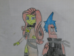 Size: 1024x768 | Tagged: safe, artist:brandonale, fluttershy, equestria girls, g4, black star, clothes, cosplay, costume, crossover, male, patrick star, soul eater, spongebob squarepants, traditional art, tsubaki nakatsukasa