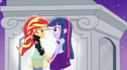 Size: 3947x2189 | Tagged: dead source, safe, artist:xebck, sunset shimmer, twilight sparkle, equestria girls, g4, bowtie, clothes, female, high res, hilarious in hindsight, holding hands, jacket, korrasami, leather jacket, lesbian, portal, reference, ship:sunsetsparkle, shipping, skirt, sparkles, the legend of korra, vector