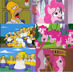 Size: 1004x988 | Tagged: safe, edit, edited screencap, screencap, pinkie pie, g3, g4, princess twilight sparkle (episode), season 3, season 4, too many pinkie pies, clone, comparison, frosty chocolate milkshakes, homer clones, homer simpson, male, mythology gag, pinkie clone, pinkie's silly face, reference to another series, send in the clones, shout out, simpsons did it, the simpsons, treehouse of horror, treehouse of horror 13