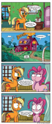 Size: 1200x2825 | Tagged: safe, artist:daniel-sg, applejack, derpy hooves, pinkie pie, pegasus, pony, g4, barn, comic, dark comedy, explosion, female, grin, insanity, mare, misspelling, present, sweet apple acres