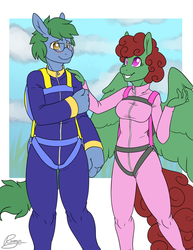 Size: 1023x1324 | Tagged: safe, artist:rozga, oc, oc only, oc:software patch, oc:windcatcher, anthro, blushing, clothes, couple, glasses, height difference, jumpsuit, parachute, windpatch