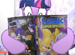 Size: 2336x1716 | Tagged: safe, artist:xxxsketchbookxxx, twilight sparkle, g4, archie comics, comic book, crossover, doctor eggman, irl, male, photo, ponies in real life, sonic the hedgehog, sonic the hedgehog (series), super sonic