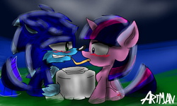 Size: 1600x960 | Tagged: safe, artist:sonicart100, twilight sparkle, g4, crossover, crossover shipping, female, lady and the tramp, male, scene parody, shipping, sonic the hedgehog, sonic the hedgehog (series), sonic the werehog, straight, twisonic