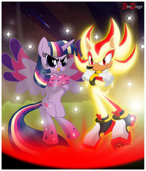 Size: 1110x1300 | Tagged: safe, artist:brodogz, twilight sparkle, alicorn, pony, g4, bipedal, commission, crossover, female, male, mare, rainbow power, shadow the hedgehog, sonic the hedgehog, sonic the hedgehog (series), super shadow, twilight sparkle (alicorn)