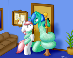 Size: 2560x2048 | Tagged: safe, artist:icy wings, nurse redheart, oc, oc:shimmering scales, earth pony, lamia, original species, pony, unicorn, g4, bedroom eyes, clothes, coils, commission, dress, female, gloves, high res, office, scared, smiling