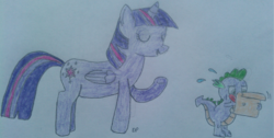 Size: 2365x1189 | Tagged: safe, artist:dullpoint, spike, twilight sparkle, alicorn, pony, g4, colored, drawing, female, letter, mare, sketch, traditional art, twilight sparkle (alicorn)