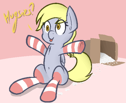 Size: 2000x1640 | Tagged: safe, artist:jordo76, derpy hooves, pegasus, pony, g4, :p, belly button, box, cardboard box, chest fluff, clothes, cute, derpabetes, female, filly, fluffy, hug request, packing peanuts, sitting, smiling, socks, solo, striped socks, tongue out, wide eyes