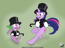 Size: 4000x3000 | Tagged: safe, artist:joey darkmeat, artist:wodahseht, spike, twilight sparkle, semi-anthro, g4, clothes, hat, tap dancing, top hat, tuxedo