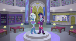 Size: 1900x1044 | Tagged: safe, trixie, twilight sparkle, equestria girls, g4, canterlot library, library