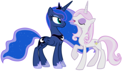 Size: 1020x600 | Tagged: source needed, safe, artist:dashiesparkle, artist:emu34b, fleur-de-lis, princess luna, alicorn, pony, unicorn, g4, duo, duo female, female, mare, simple background, tongue out, transparent background, vector