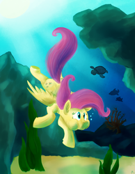 Size: 2250x2904 | Tagged: safe, artist:invertigo, fluttershy, shark, turtle, g4, high res, puffy cheeks, swimming, underwater, watershy