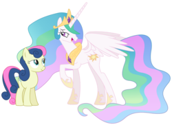 Size: 1374x1000 | Tagged: safe, artist:scarletlightning565, bon bon, princess celestia, sweetie drops, alicorn, earth pony, pony, g4, crown, duo, duo female, female, jewelry, mare, regalia, secret agent sweetie drops, simple background, transparent background, vector