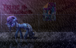 Size: 1634x1034 | Tagged: dead source, safe, artist:tidalwav-3, trixie, pony, unicorn, g4, crying, female, mare, poster, rain, sad, solo