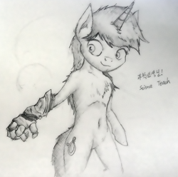 Size: 1280x1270 | Tagged: safe, artist:science teach, lyra heartstrings, pony, semi-anthro, g4, artificial hands, belly button, bipedal, chest fluff, female, monochrome, pencil drawing, solo, traditional art