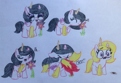 Size: 1081x739 | Tagged: safe, artist:mercedesstar, oc, oc only, oc:mysty, hybrid, female, fire, fire breath, interspecies offspring, offspring, parent:discord, parent:princess celestia, parents:dislestia, sneezing, traditional art