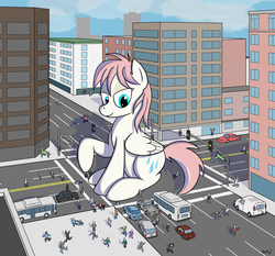 Size: 2047x1906 | Tagged: safe, artist:rapidstrike, oc, oc only, oc:liera, human, pony, building, bus, car, city, commission, giant pony, giantess, macro, panic, sitting, size difference