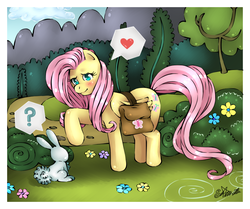 Size: 875x732 | Tagged: safe, artist:sashastub, fluttershy, rabbit, g4, blushing, female, saddle bag, solo