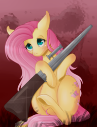 Size: 895x1171 | Tagged: safe, artist:chiweee, fluttershy, g4, female, gun, solo