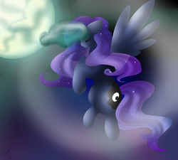 Size: 3000x2700 | Tagged: safe, artist:girorogirl, princess luna, alicorn, pony, g4, eyes closed, female, flying, high res, moon, solo
