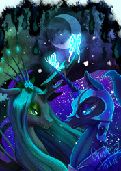 Size: 2480x3507 | Tagged: safe, artist:begasus, nightmare moon, queen chrysalis, alicorn, changeling, changeling queen, pony, g4, crown, female, high res, jewelry, lesbian, regalia, ship:chrysmoon, shipping