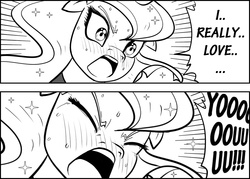 Size: 1037x741 | Tagged: safe, edit, princess luna, alicorn, pony, g4, 2 panel comic, black and white, blushing, bust, comic, english, eyes closed, female, grayscale, lineart, mare, monochrome, portrait, screaming, solo, sparkles, speech bubble, sweat, sweatdrops
