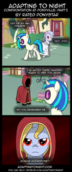 Size: 850x2020 | Tagged: safe, artist:terminuslucis, dj pon-3, vinyl scratch, oc, oc:mobius, oc:seeker, pony, undead, unicorn, vampire, vampony, comic:adapting to night, comic:adapting to night: confrontation at ponyville, g4, cloak, cloaked, clothes, comic, cult, cultist, dhampir, fountain, glowing, glowing eyes, oc villain, ponyville, red eyes