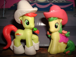 Size: 3072x2304 | Tagged: safe, apple fritter, peachy sweet, g4, apple family, apple family member, blind bag, boots, duo, hat, high res, irl, photo, saddle, toy
