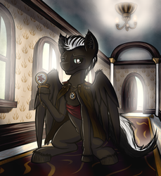 Size: 3299x3607 | Tagged: safe, artist:steel-breeze, oc, oc only, oc:ruhig fortepiano, pegasus, pony, cloak, clothes, diplomacy, fluffy, frown, high res, hoof hold, looking at you, pocket watch, sitting, solo, unshorn fetlocks