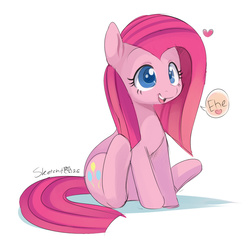 Size: 1199x1162 | Tagged: safe, artist:ende26, pinkie pie, earth pony, pony, g4, bunny sitting, colored pupils, cute, cuteamena, diapinkes, female, happy, heart, mare, open mouth, pinkamena diane pie, sitting, solo, speech bubble, underhoof