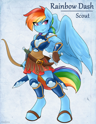 Size: 2550x3300 | Tagged: safe, artist:ambris, rainbow dash, pegasus, anthro, unguligrade anthro, adventuring is magic, g4, armpits, bow (weapon), breasts, colored pupils, ear fluff, female, high res, multiple variants, reasonably sized breasts, sandals, scout, smiling, solo, sword