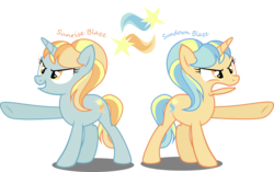 Size: 3000x1880 | Tagged: safe, artist:xebck, oc, oc only, oc:sundown blaze, oc:sunrise blaze, pony, unicorn, antagonist, duo, female, mare, raised hoof, season 13, simple background, transparent background, twins, vector