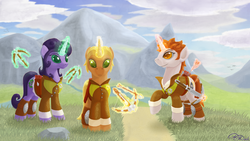 Size: 1000x562 | Tagged: dead source, safe, artist:dirdash, oc, oc only, pony, unicorn, crossbow, digital art, magic, military, telekinesis, weapon