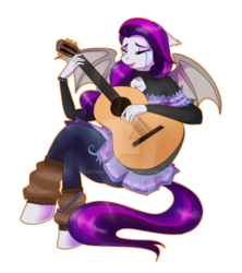 Size: 1024x1151 | Tagged: dead source, safe, artist:naminzo, oc, oc only, oc:sweet hum, bat pony, anthro, unguligrade anthro, acoustic guitar, anthro oc, cleavage, clothes, crying, deviantart watermark, eyes closed, fangs, female, guitar, musical instrument, obtrusive watermark, singing, sitting, smiling, spread wings, watermark