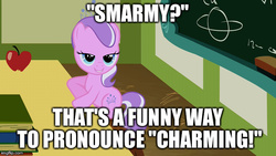 Size: 640x360 | Tagged: safe, edit, edited screencap, screencap, diamond tiara, g4, ponyville confidential, female, image macro, lidded eyes, meme, ponyville schoolhouse, solo, wordplay